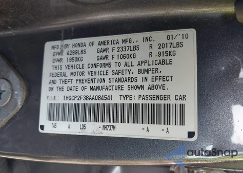 2010 Honda Accord 2.4 Lx из США, поврежденный, VIN 1HGCP2F38AA084541